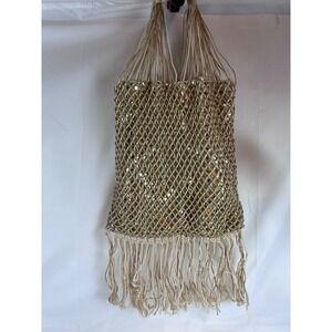 VTG Viral Fringe Macrame Gold & Ivory Sequin Boho Hippie Y2K Flapper Lined Bag